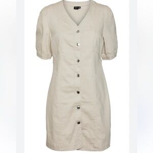 NEW! VERO MODA Wild Gena Denim Button Up V Mini Dress Pumice Stone SZ LG NWT